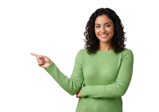 A beautiful young adult woman with curly dark hair, smiling and confidently pointing to the left, isolated on transparent background