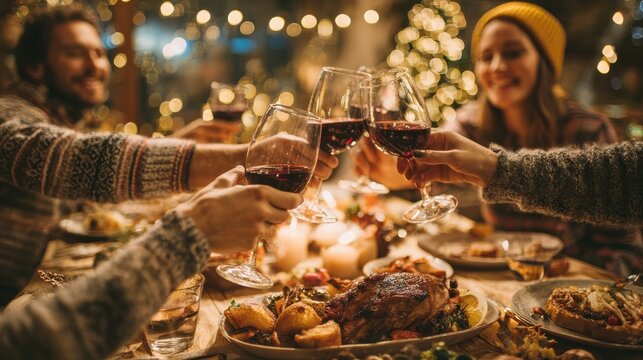 holidays and celebration concept  happy friends having christmas dinner at home and drinking red wine no logos no brands ar 169