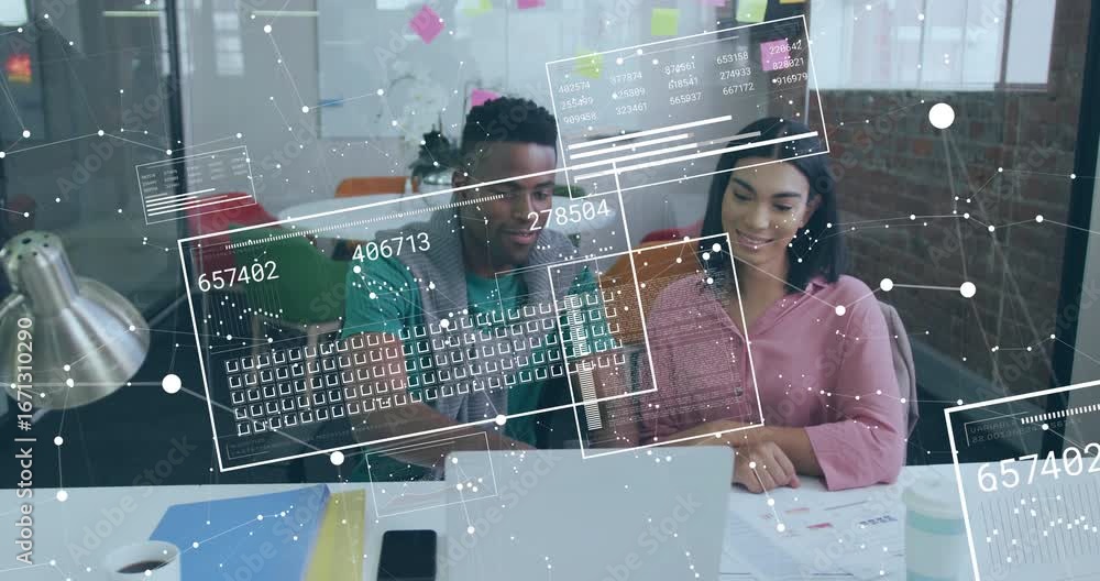 Aufkleber man and woman analyzing data in office while typing with moving data overlays for business insights