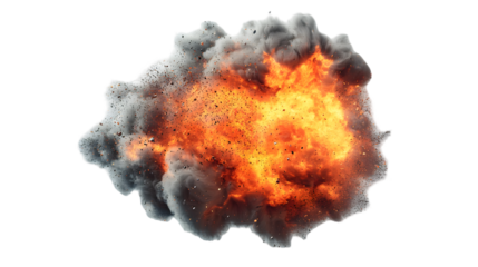 Realistic fiery explosion with sparks. Large fireball with black smoke isolated on a transparent background