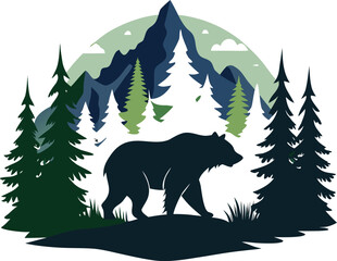 Silhouette of Wild Bear in Mountain Forest