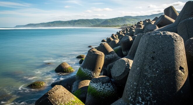 Coastal breakwater, calm waves, distant hills - Powered by Adobe