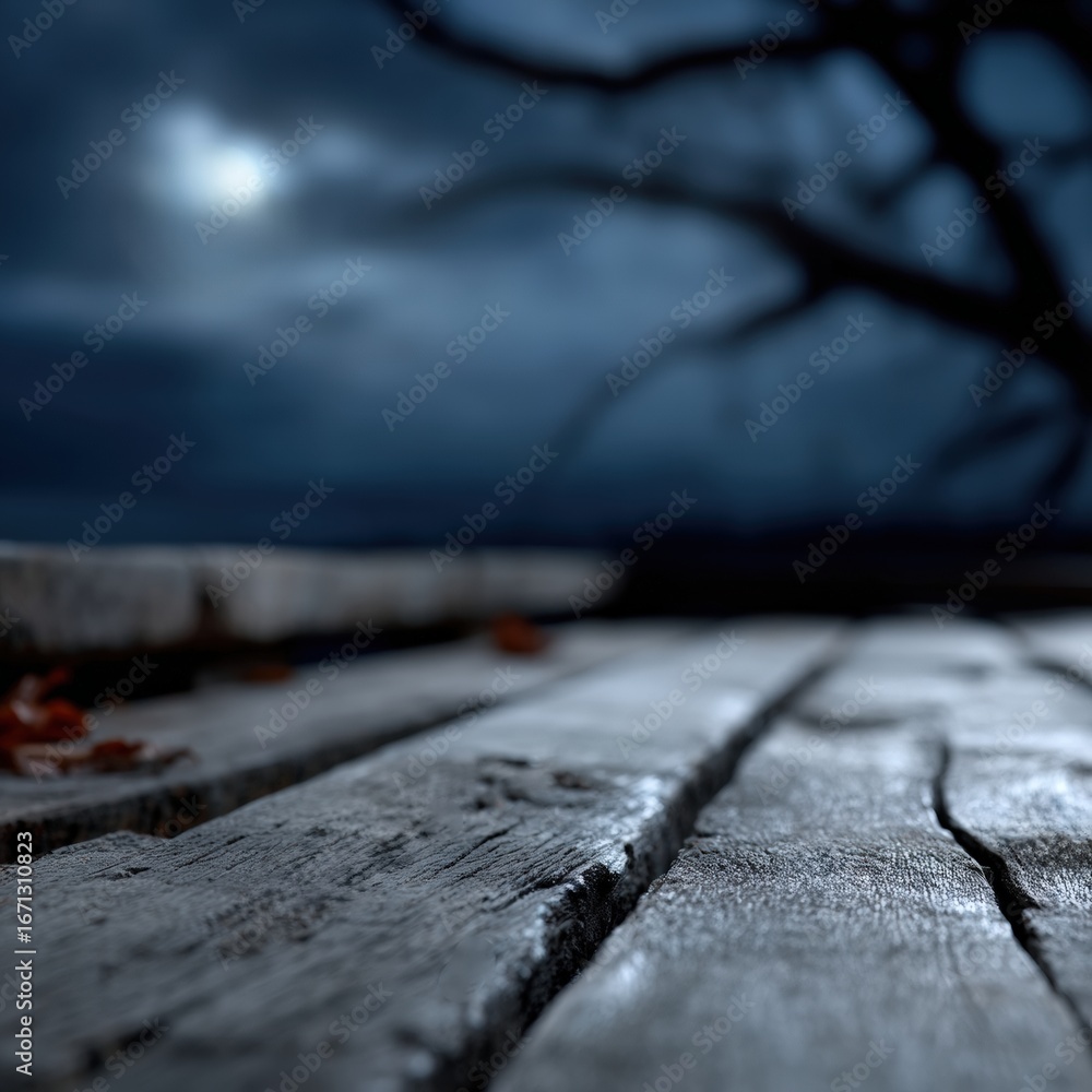 Poster close up of weathered wooden planks leading towards a blurred background featuring a shadowy tree an