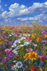 Vibrant wildflower meadow under a vibrant blue sky