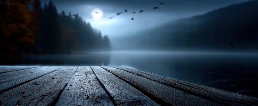 Wooden pier overlooking misty lake by moonlight with birds flying in a dark, mysterious atmosphere