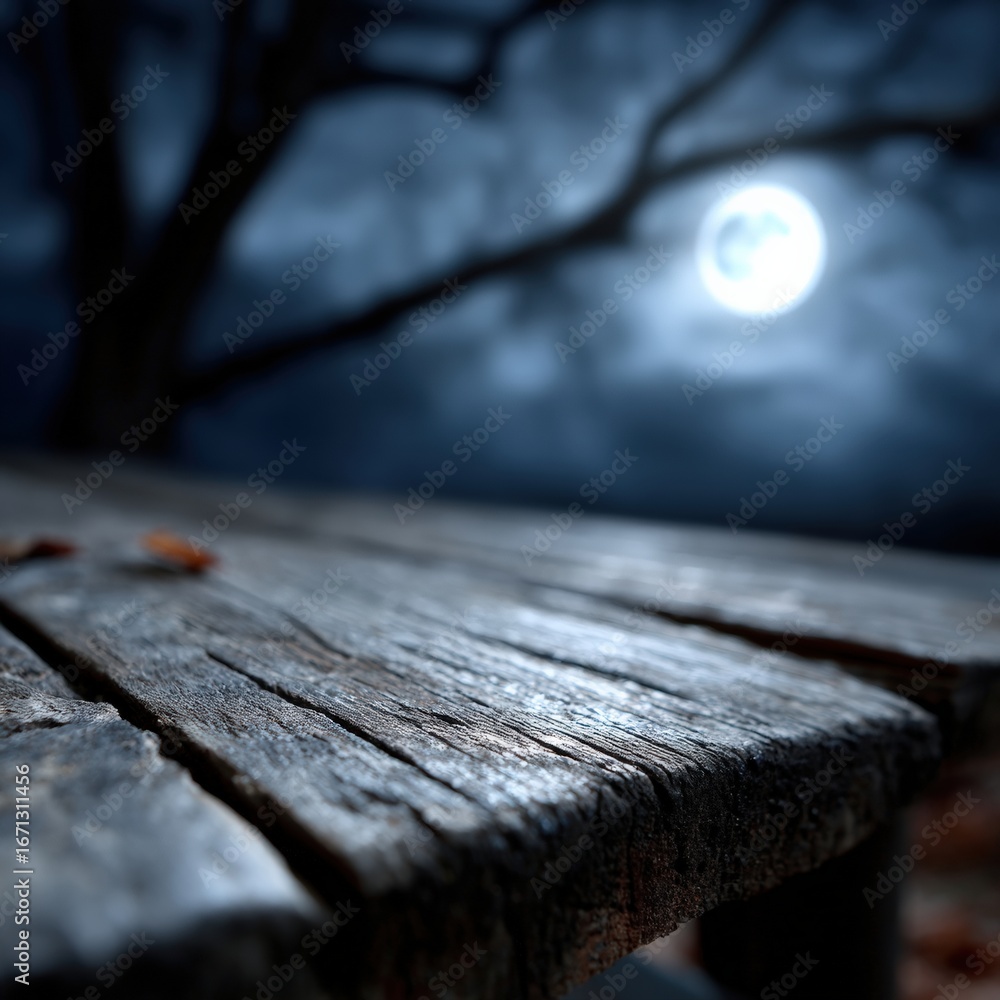 Poster wooden table top illuminated by full moon with spooky tree and clouds in background, creating myster