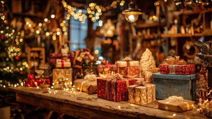 Fototapeta premium decorated xmas table with merry christmas gifts in cozy santa home interior banner happy new year presents boxes in workshop late in night with lights on xmas tree holiday eve background no logos no 