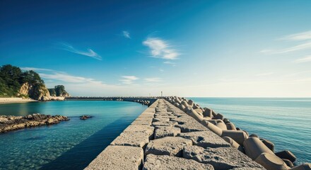 Obraz premium Coastal breakwater extends to tranquil sea