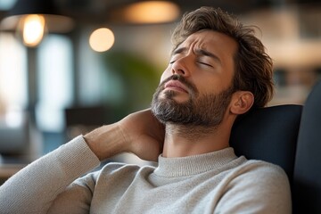 Man experiencing a sore throat, touching his neck in discomfort inside a modern office, reflecting personal health challenges while working, Generative AI