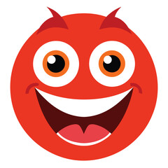 Cartoon Red Devil Smiley Face with Horns, Big Eyes, and a Huge Grin