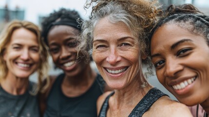 Fototapeta premium happy multi generational women having fun together multiracial friends smiling on camera after sport workout outdoor main focus on african female face no logos no brands ar 169