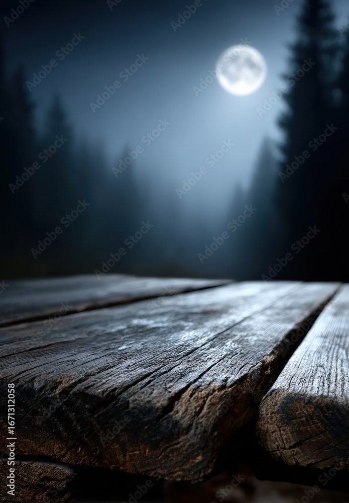 Poster empty wooden table set against a backdrop of a full moon, creating an ideal scene for product placem