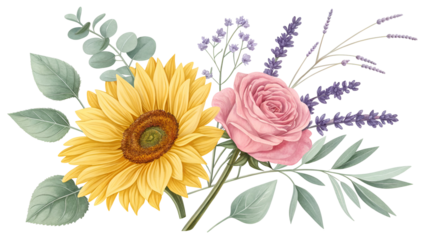 Yellow sunflower pink rose lavender eucalyptus isolated on a transparent background leaves