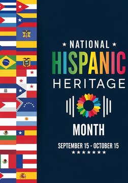 Colorful graphic design celebrating Hispanic and Latino culture featuring a collection of national flags for a heritage event