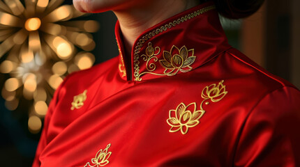 Red silk garment with gold lotus embroidery image