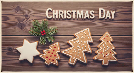 Christmas day text with cookies and pine sprig on a wooden surface in a festive arrangement