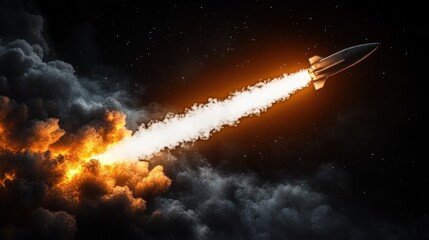 Rocket launching through stormy night sky