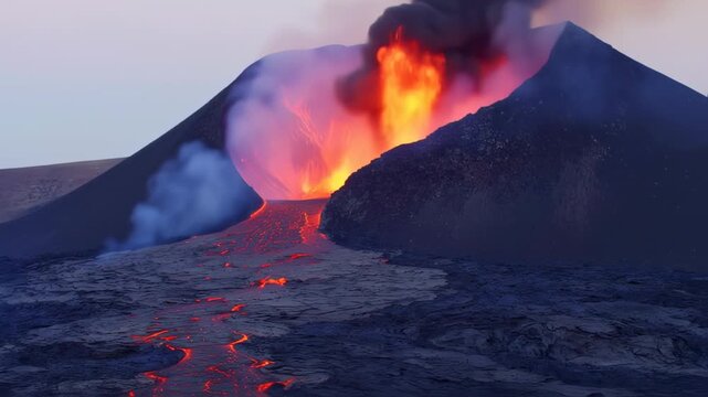 Majestic Volcano Erupts with Fiery Lava Flow and Billowing Ash Cloud Under a Soft Sky