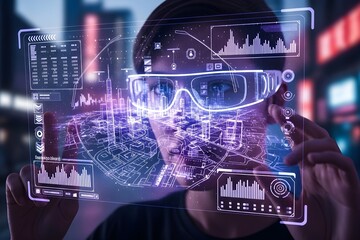 Young Man in Smart Glasses Interacting with Futuristic Virtual City Interface