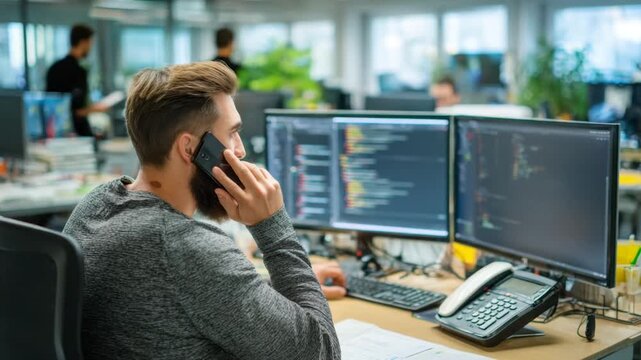 Software Developer on Phone in Office Workspace
