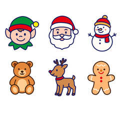 Christmas cute icon set with Santa, snowman, bear, reindeer and cookie character. Perfect for kids, holiday decoration, sticker, greeting card and seasonal design.