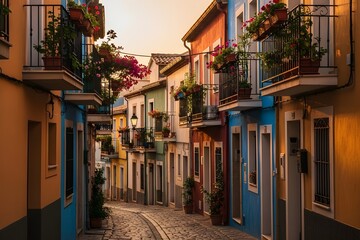 Fototapeta premium Charming Colorful Old Town Street at Sunset European Architecture