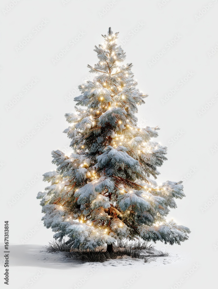 Poster snowcovered pine tree with twinkling lights isolated on transparent background