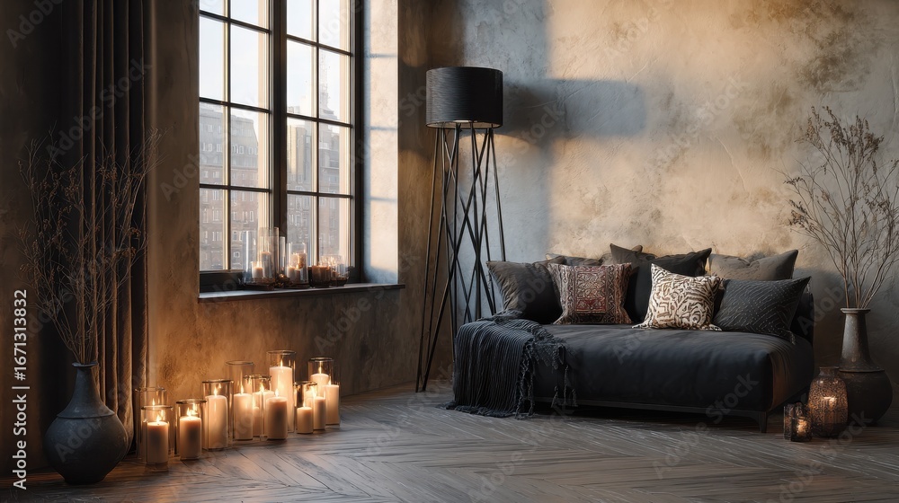 Poster black lamp standing by a sofa and a row of candles lying on the floor in front of a window shedding 