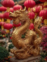 Fototapeta premium ornate golden dragon statue amidst vibrant red lanterns festive setting chinese new year gold