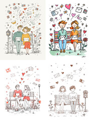 Romantic couple sitting on a bench with floating love letters and doodle elements, hand-drawn sketch style, perfect for Valentine’s Day, romance, and greeting cards.