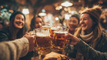 happy friends toasting beers and laughing at chalet pub in mountains young people having fun in winter vacation friendship concept focus on left woman right hand warm filter no logos no brands ar