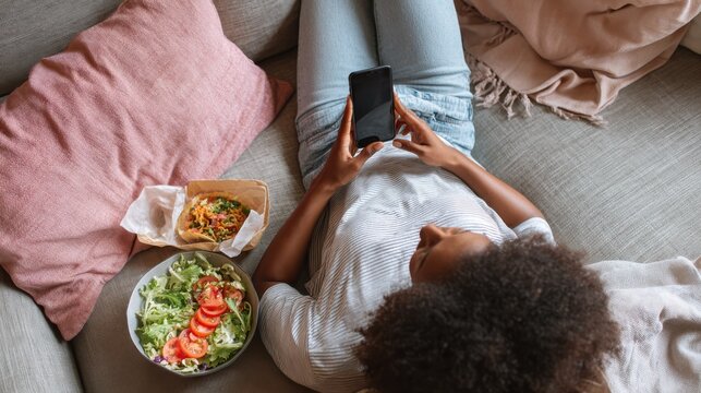woman lying on couch using food delivery app on smartphone close up of african woman hands holding cellphone and ordering food online no logos no brands ar 169 - Powered by Adobe