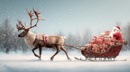 a reindeer pulling santa claus and his sleigh of presents no logos no brands ar 169