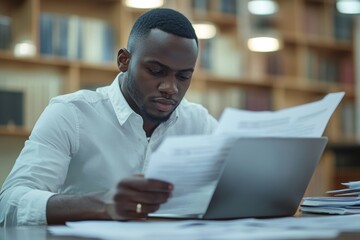 Focused businessman working on a laptop and reviewing documents in a modern office, embodying professionalism and dedication to completing tasks in a productive workspace, Generative AI