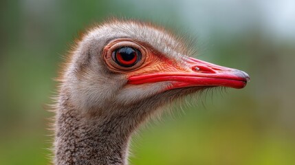 Close up of an ostrich head highlighting red beak and striking eye detail