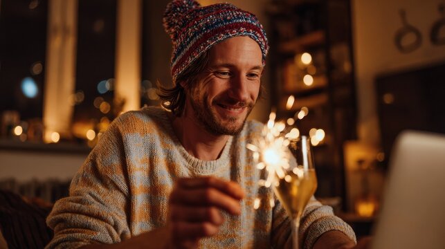 young man wearing christmas hat drinking champagne holding sparkler talking to friends on virtual zoom video call celebrate happy new year party in distance online conference chat on computer at home