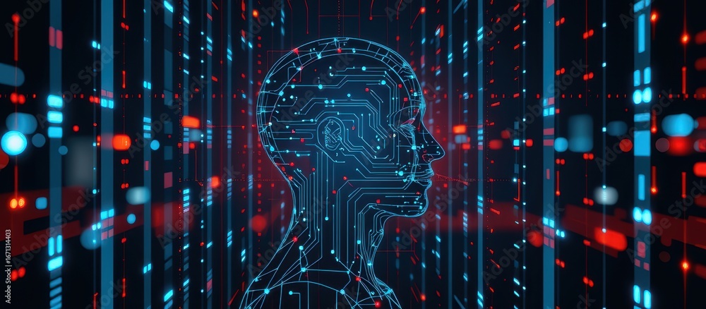 Poster digital silhouette with circuit patterns against a futuristic background.