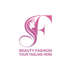 Beauty Fashion Woman Face Logo with Letter F Monogram and Stylish Hair Design in Pink