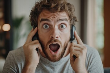 Man expressing shock and surprise while talking on the phone indoors, illustrating an emotional response to unexpected news or information, Generative AI