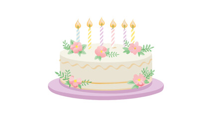 Delicious birthday cake with candles and flowers for celebration party and happy birthday design element