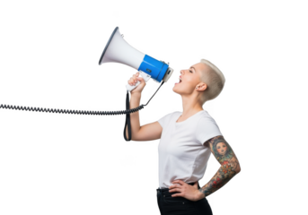 Woman with short hair and tattoos shouting into a megaphone, isolated on transparent background
