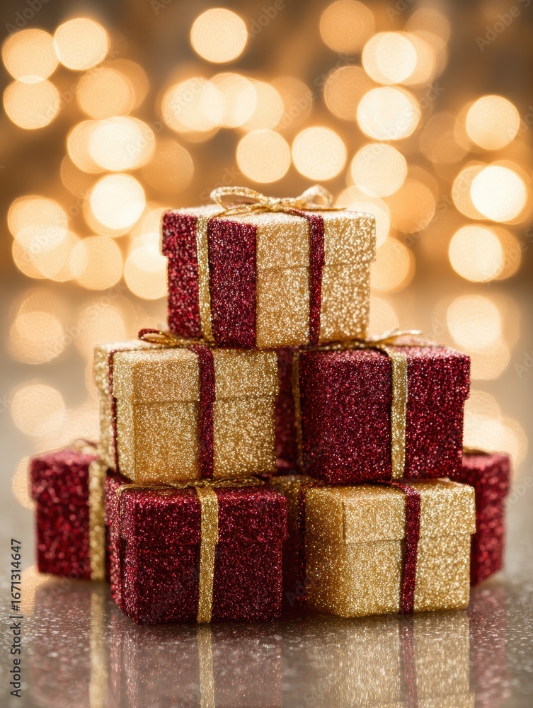 Poster decorative stacked gifts in vibrant colors with sparkly ribbons before a soft golden bokeh backgroun