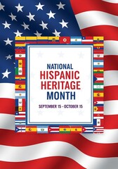 A festive tribute to Hispanic Heritage Month, showcasing a collection of diverse Latin American flags against a waving American flag
