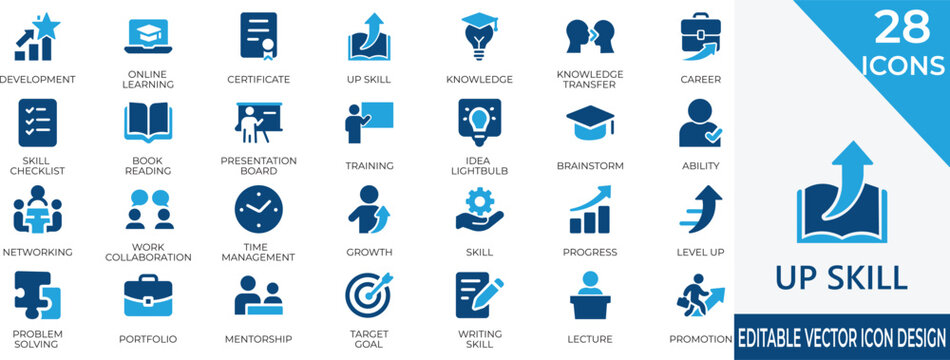 A modern set of up skill and career development filled icons for training, learning, and professional growth. Ideal for education, business, and personal improvement projects.