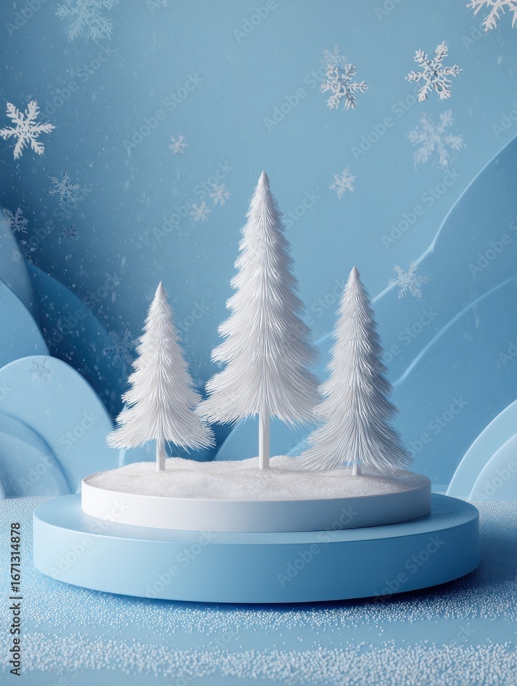 Poster create a minimalist winter scene with a clean blue background similar to an elegant display platform