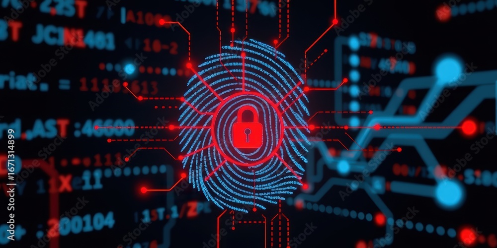 Poster digital fingerprint with lock symbol, representing cybersecurity and identity protection.