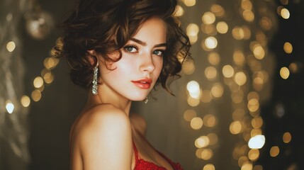 people holidays and glamour concept  beautiful woman in evening dress wearing ring and earrings over christmas lights background no logos no brands ar 169