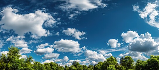 Obraz premium Blue sky with white clouds and green trees, a panoramic view