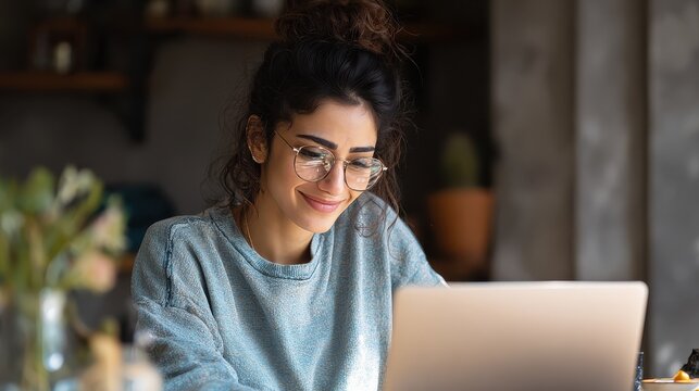 smiling indian young adult woman wearing glasses typing on laptop computer working at home office sitting at table happy female professional freelancer student studying online using notebook pc no lo