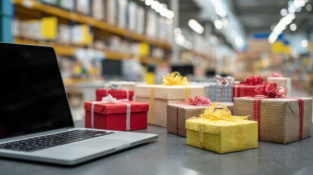 table with laptop and gift boxes with sale tags on table in warehouse online ecommerce retail business black friday discounts deals free shipping best buy holiday offers concept storage background no